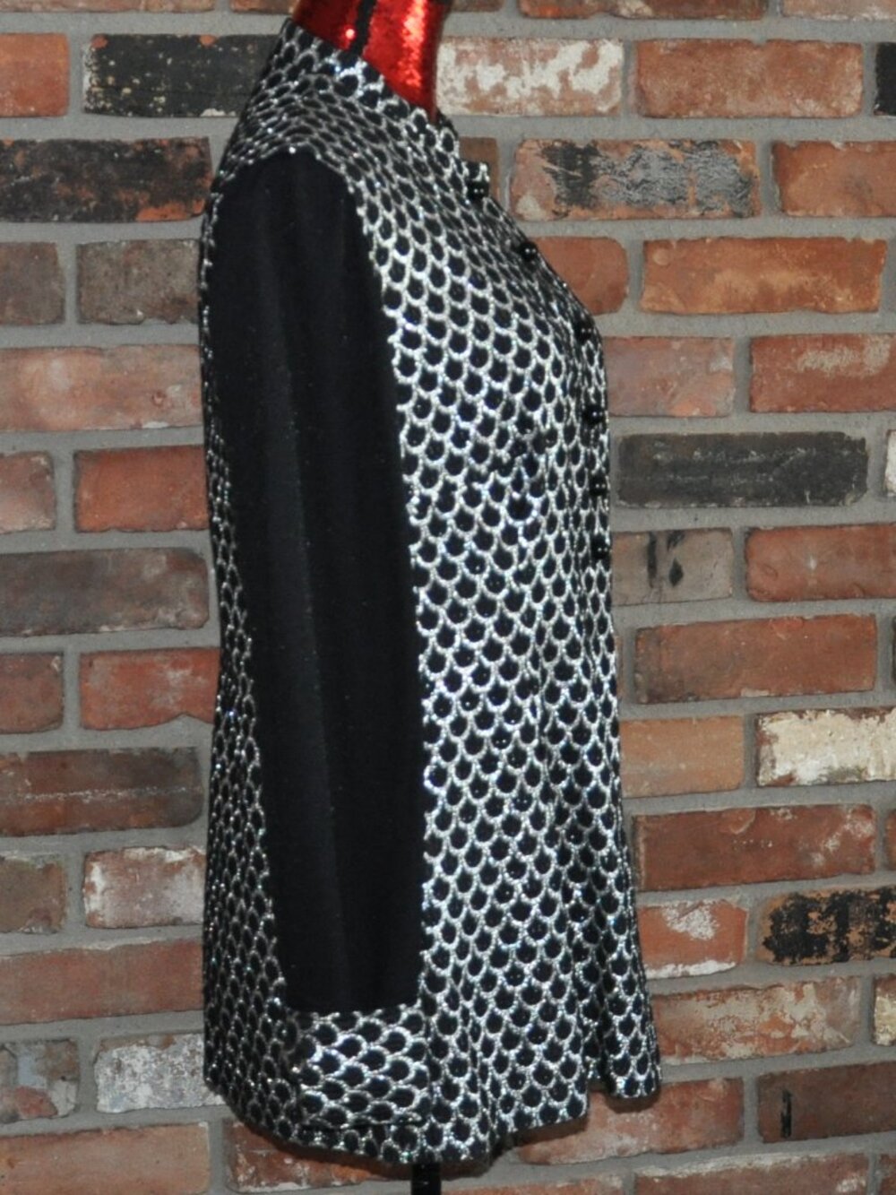 VINTAGE 70s Black & Silver Scalloped Print Mod GoGo Blazer Mini Dress M/L - Picture 3 of 5